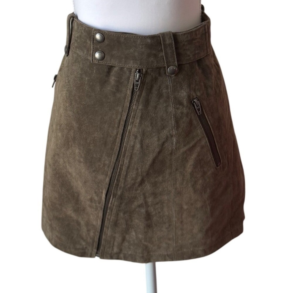BLANKNYC Suede Leather Mini Skirt Olive Green Moto Asymmetrical Edgy Size 27